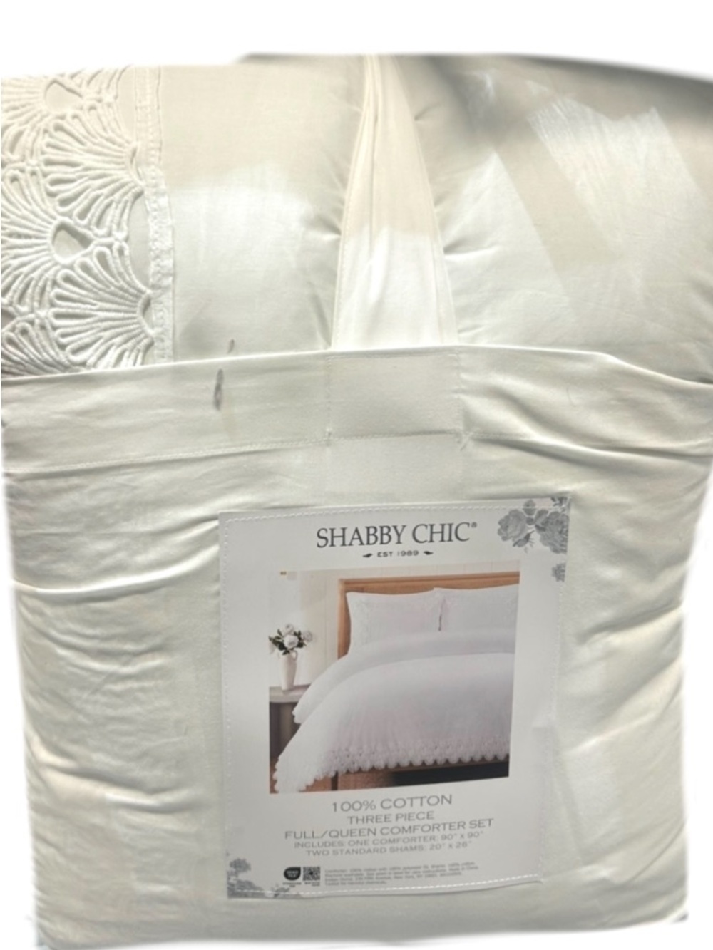 Shabby Chic White Full/Queen Cotton Comforter Set with Eyelet Trim  90”x90”